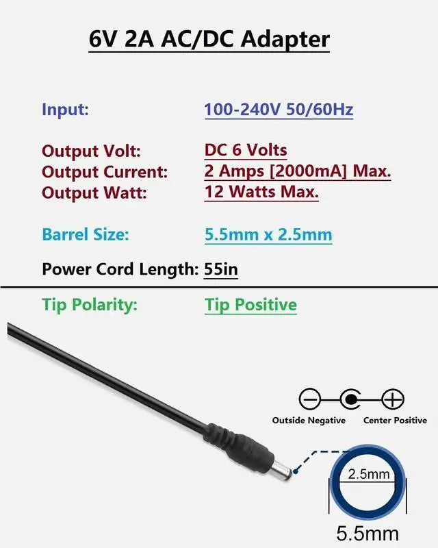 Alt view image 2 of 6 - DC 6 Volt 2 Amp Power Supply AC Adapter 100-240 50-60Hz to DC6V Power Supply 6V 2A AC/DC Adapter Cord with 5.5mm x 2.5mm Barrel Plug