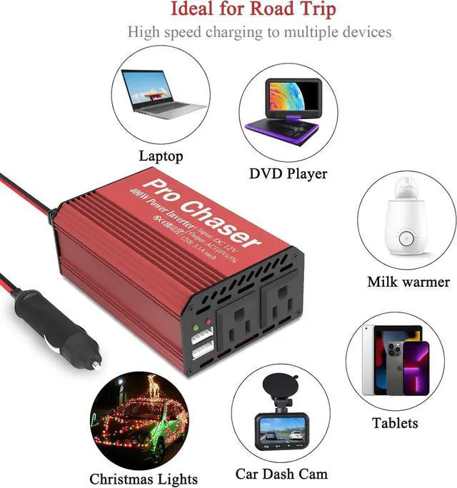 Alt view image 3 of 5 - 400W Power Inverters for Vehicles - DC 12v to AC 110v Car Inverter Converter 6.2A Dual USB Charging Ports Dual AC Adapter for Laptops Air Compressor