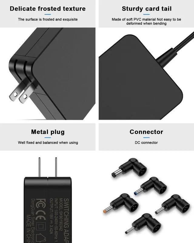 Alt view image 2 of 6 - 65W Laptop Charger for  with 5-Tip Round Connector Compatible with  VivoBook 15 ZenBook Chromebook TransformerBook EeeBook 19V 3.42A Universal AC Power Adapter Supply Cord