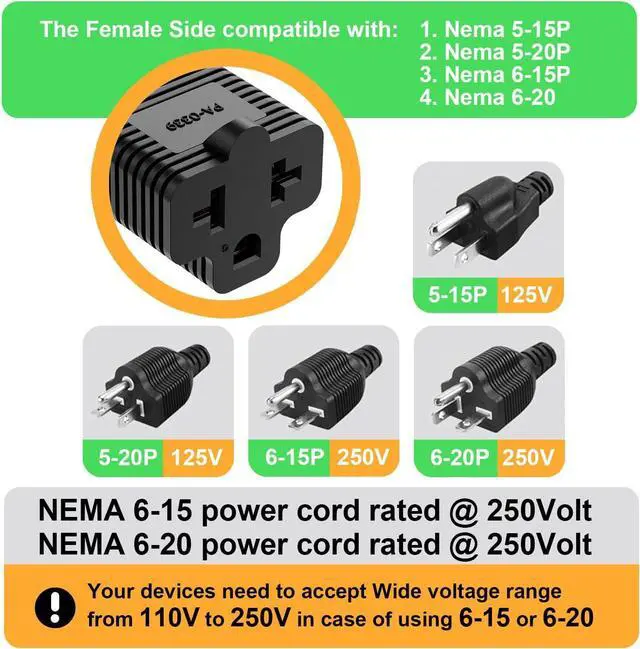 Alt view image 4 of 7 - [10Pack] 4-in-1 15 Amp Household AC Plug to 20 Amp T-Blade Adapter 5-15P to 5-20R 5-15P to 6-15R 5-15P to 6-20R 4 in 1 AC Power Adapter 15A 125V to 20A 250V Adapter 15A to Double T-Blade Adapter.