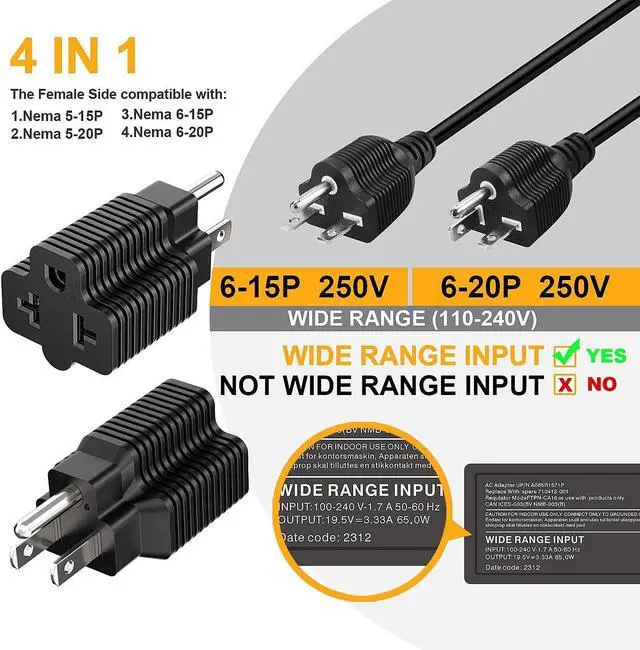 Alt view image 5 of 7 - [10Pack] 4-in-1 15 Amp Household AC Plug to 20 Amp T-Blade Adapter 5-15P to 5-20R 5-15P to 6-15R 5-15P to 6-20R 4 in 1 AC Power Adapter 15A 125V to 20A 250V Adapter 15A to Double T-Blade Adapter.