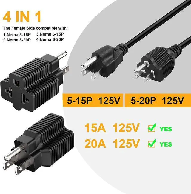 Alt view image 6 of 7 - [10Pack] 4-in-1 15 Amp Household AC Plug to 20 Amp T-Blade Adapter 5-15P to 5-20R 5-15P to 6-15R 5-15P to 6-20R 4 in 1 AC Power Adapter 15A 125V to 20A 250V Adapter 15A to Double T-Blade Adapter.