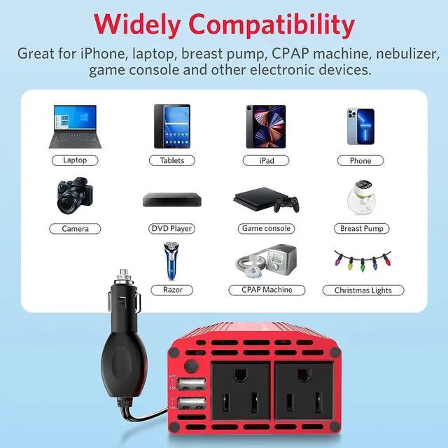 Alt view image 2 of 7 - 300W Power Inverter DC 12V to 110V AC Car Inverter with 4.2A Dual USB Car Adapter