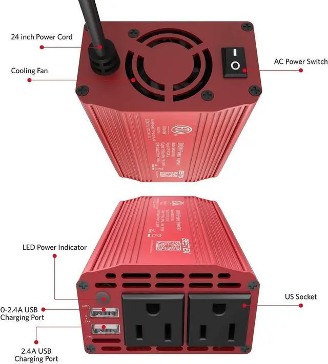 Alt view image 5 of 7 - 300W Power Inverter DC 12V to 110V AC Car Inverter with 4.2A Dual USB Car Adapter