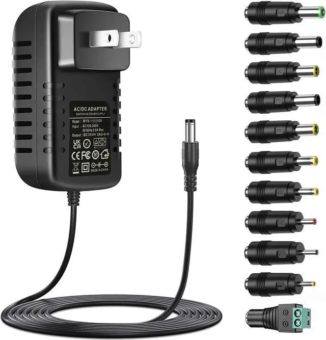 Main image of 24V Power Supply AC Adapter 2A 1A DC24V with 11 Changeable DC Plugs AC120V to DC24Volts 2Amps 1.5A 1A 0.5A 200mA 100mA Power Adapter Wall Charger 24V Converter Inverter Transformer 5FT