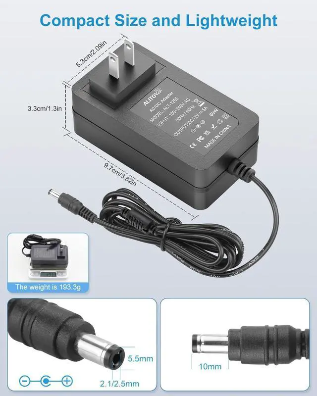 Alt view image 3 of 7 - 12V DC Power Supply 5A AC Adapter 100-240V 50-60Hz 12 Volt Transformer Converter 5 Amp 4A 3A with 5.5 x 2.5mm 2.1mm Plug for LED Strip Light CCTV Security Camera PC Monitor Router 6.2FT