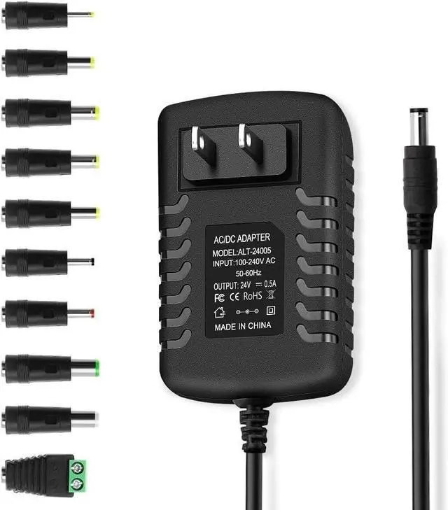 Main image of 24V 0.5A 500mA DC Power Supply Adapter 24V AC Adapter 100-240V 50-60Hz to 24 Volt 0.5 Amp Power Supply Cord 4.9ft with 5.5mm x 2.5mm Barrel & 10 Tips