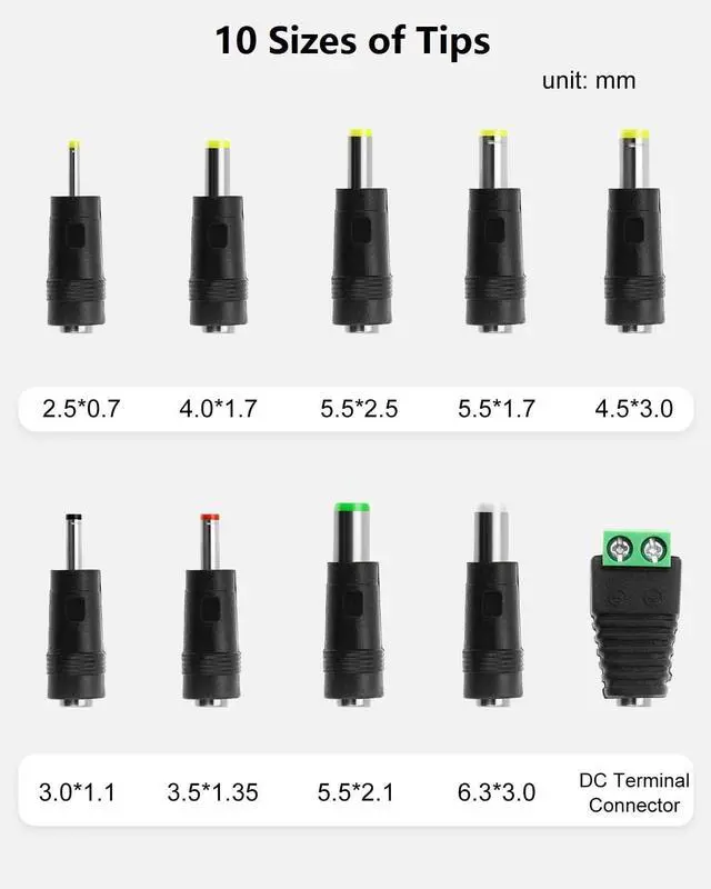 Alt view image 3 of 7 - 24V 0.5A 500mA DC Power Supply Adapter 24V AC Adapter 100-240V 50-60Hz to 24 Volt 0.5 Amp Power Supply Cord 4.9ft with 5.5mm x 2.5mm Barrel & 10 Tips