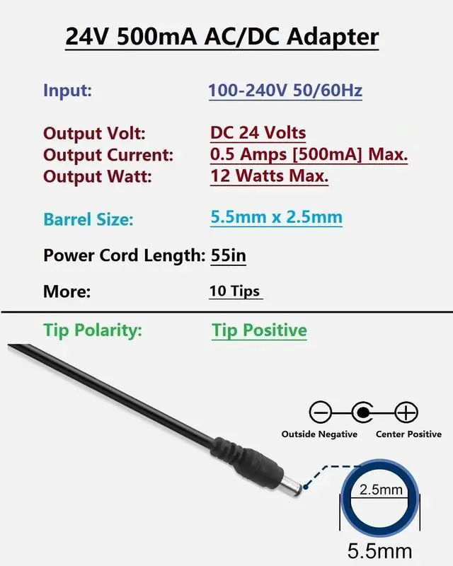 Alt view image 2 of 7 - 24V 0.5A 500mA DC Power Supply Adapter 24V AC Adapter 100-240V 50-60Hz to 24 Volt 0.5 Amp Power Supply Cord 4.9ft with 5.5mm x 2.5mm Barrel & 10 Tips