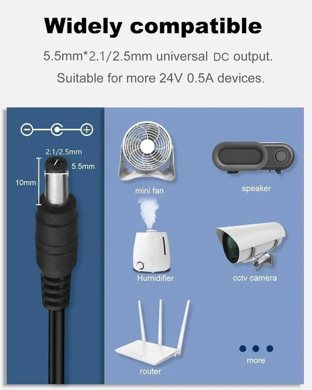 Alt view image 6 of 7 - 24V 0.5A 500mA DC Power Supply Adapter 24V AC Adapter 100-240V 50-60Hz to 24 Volt 0.5 Amp Power Supply Cord 4.9ft with 5.5mm x 2.5mm Barrel & 10 Tips