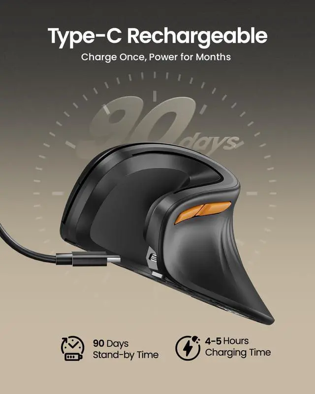 Alt view image 3 of 7 - ProtoArc Ergonomic Mouse, EM11 NL Bluetooth Rechargeable Wireless Vertical Mouse, 3 Multi-Device Connectivity for Computer/PC/Laptop, 2.4GHz Optical Mice for Windows, Mac OS, Black