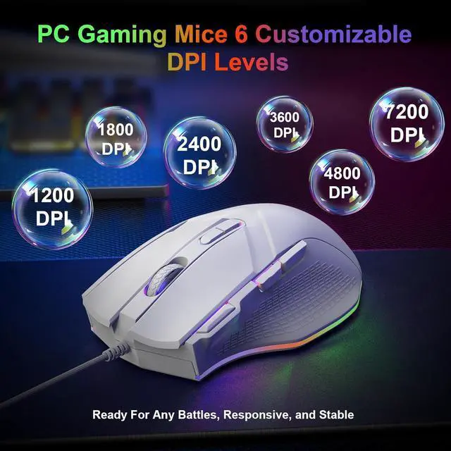 Alt view image 2 of 7 - Gaming Mouse 6 Adjustable DPI Up to 7200 Wired PC Gaming Mouse 8 Programmable Buttons 13 Adjustable RGB LED Modes 1.5 M Drag-Free Paracord Ergonomic Mouse Windows/PC/Mac/Laptop (White)