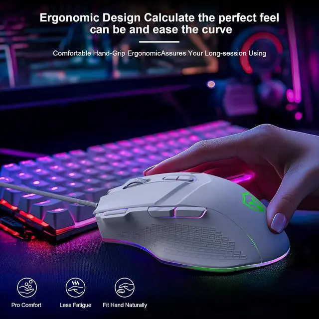 Alt view image 4 of 7 - Gaming Mouse 6 Adjustable DPI Up to 7200 Wired PC Gaming Mouse 8 Programmable Buttons 13 Adjustable RGB LED Modes 1.5 M Drag-Free Paracord Ergonomic Mouse Windows/PC/Mac/Laptop (White)