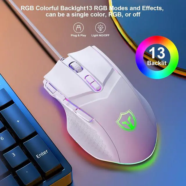 Alt view image 5 of 7 - Gaming Mouse 6 Adjustable DPI Up to 7200 Wired PC Gaming Mouse 8 Programmable Buttons 13 Adjustable RGB LED Modes 1.5 M Drag-Free Paracord Ergonomic Mouse Windows/PC/Mac/Laptop (White)