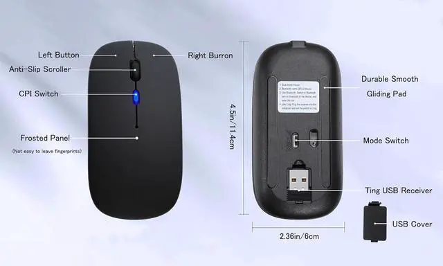 Alt view image 6 of 7 - Wireless Bluetooth Mouse Rechargeable Laptop Mice with LED Use Portable(BT5.2 and USB 2.4G) Dual Mode Connection Silent Slim Computer Mouse for Laptop/iPad Tablet/ MacBook/PC (Black)