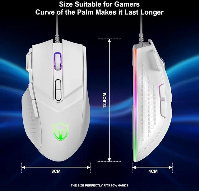 Alt view image 7 of 7 - Gaming Mouse 6 Adjustable DPI Up to 7200 Wired PC Gaming Mouse 8 Programmable Buttons 13 Adjustable RGB LED Modes 1.5 M Drag-Free Paracord Ergonomic Mouse Windows/PC/Mac/Laptop (White)