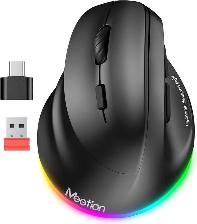 Main image of Left-Handed Mouse Ergonomic Mouse Wireless Vertical Mouse RGB Rechargeable Mice for Bluetooth(5.2 + 3.0) & USB-A with Type-c Adapter 4 Adjustable DPI for Mac/Windows/PC/Tablet/iPad Black