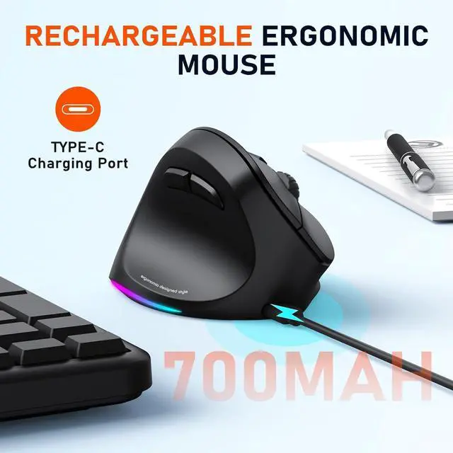 Alt view image 6 of 7 - Left-Handed Mouse Ergonomic Mouse Wireless Vertical Mouse RGB Rechargeable Mice for Bluetooth(5.2 + 3.0) & USB-A with Type-c Adapter 4 Adjustable DPI for Mac/Windows/PC/Tablet/iPad Black