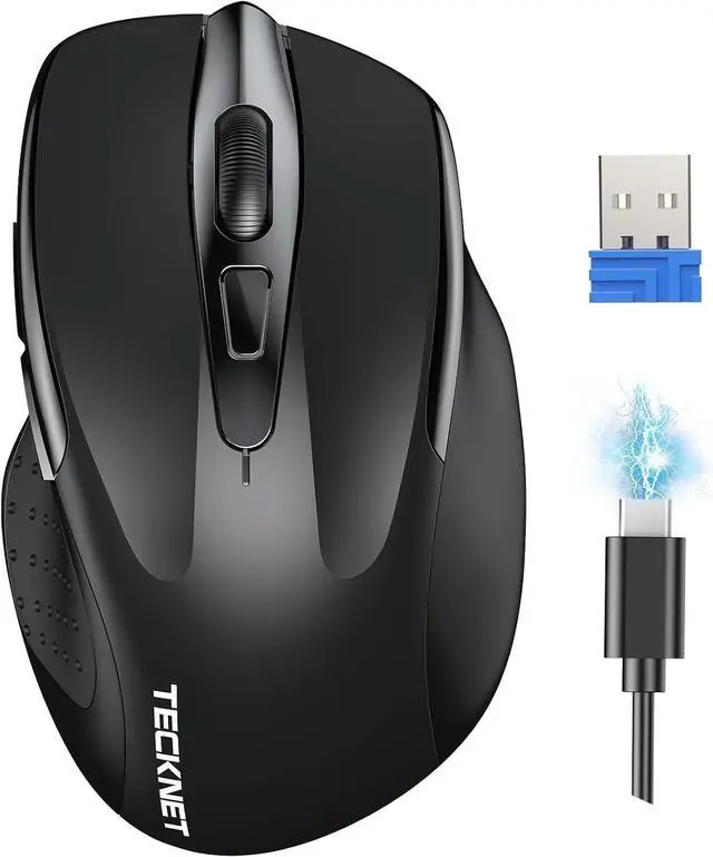 Main image of TECKNET Wireless Mouse Rechargeable, 2.4G USB-A Silent Mouse, Quiet Click, 6 Adjustable 4800 DPI, Cordless Computer Mice, Ergonomic Mice for Laptop, 6 Buttons for Chromebook, Ergo Grip - Black