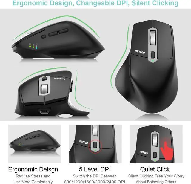Alt view image 3 of 7 - Multi-Device Wireless Bluetooth Mouse with Nano USB-A USB-C Receiver Ergonomic Right Hand Silent Clicking Rechargeable Mouse for Computer Desktop PC Laptop Mac iPad and Windows 11/10 iPad OS