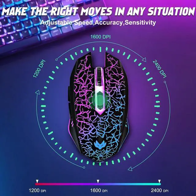 Alt view image 3 of 7 - Wireless Gaming Mouse Rechargeable Wireless Computer Mouse 7-Color LED Light Ergonomic Mouse with 6 Silent Click Buttons 3 Adjustable 2400 DPI Wireless Mouse for Laptop PC Mac Black