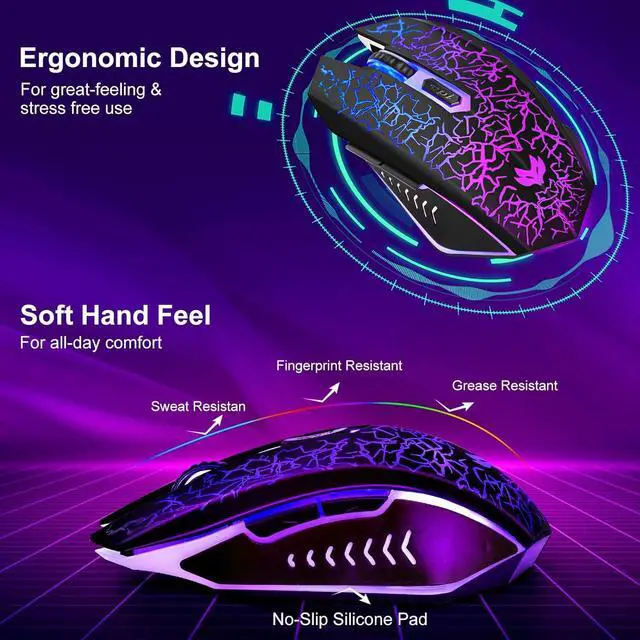 Alt view image 5 of 7 - Wireless Gaming Mouse Rechargeable Wireless Computer Mouse 7-Color LED Light Ergonomic Mouse with 6 Silent Click Buttons 3 Adjustable 2400 DPI Wireless Mouse for Laptop PC Mac Black