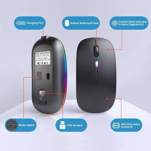 Alt view image 5 of 7 - Wireless Bluetooth Mouse Rechargeable LED Silent Ultra-thin Design (Bluetooth 5.2 and 2.4GHz USB Receiver) | Portable Computer Mouse for Laptops iPads MacBooks and  Devices (Black)
