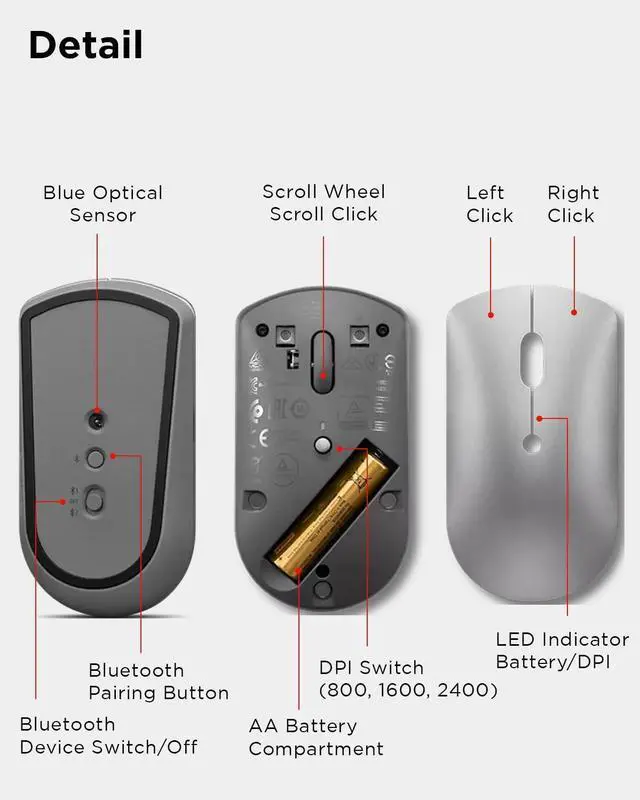 Alt view image 7 of 7 - 600 Bluetooth Silent Mouse Blue Optical Sensor Adjustable DPI 4 Button Microsoft Swift Pair Windows Chrome GY50X88832 Gray