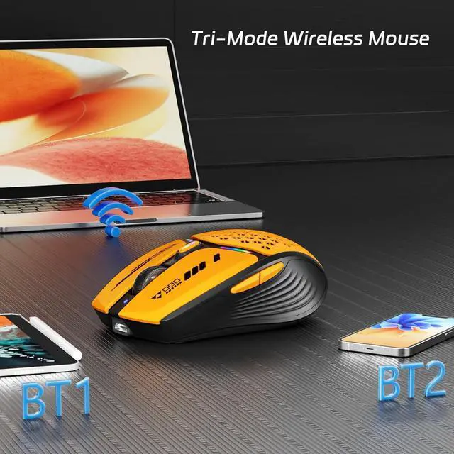 Alt view image 2 of 7 - Bluetooth Wireless Mouse (BT5.0/5.1+2.4GHz) USB C Rechargeable LED Mouse Battery Level Visible Honeycomb Magnetic Shell Cover with USB Receiver & Type-C Adapter for Laptop/PC/Mac/iPad -Orange
