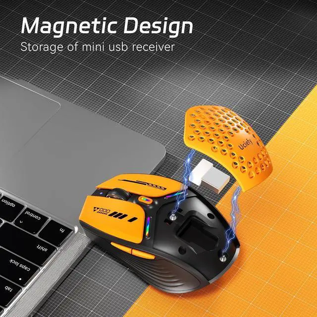 Alt view image 3 of 7 - Bluetooth Wireless Mouse (BT5.0/5.1+2.4GHz) USB C Rechargeable LED Mouse Battery Level Visible Honeycomb Magnetic Shell Cover with USB Receiver & Type-C Adapter for Laptop/PC/Mac/iPad -Orange