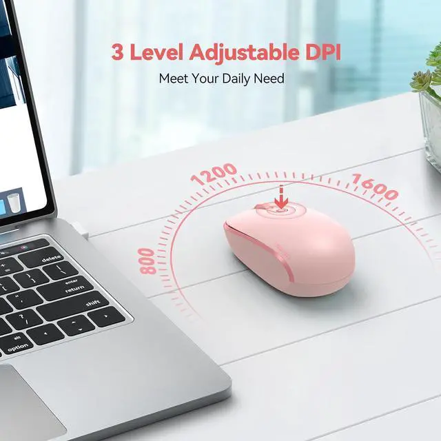 Alt view image 5 of 7 - Wireless Mouse 2.4G Quiet Computer Mouse with USB Receiver 4 Buttons Portable Cordless Mice for Chromebook Laptop PC Mac 800/1200/1600 DPI - Pink