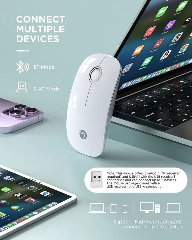 Alt view image 2 of 7 - Bluetooth Wireless Mouse - (BT5.1+USB) Slim Dual Mode Computer Mice with Quiet Click Low Power and 1600 DPI Portable Cordless for MacBook Laptop iPad Pro/Air Chromebook (White)
