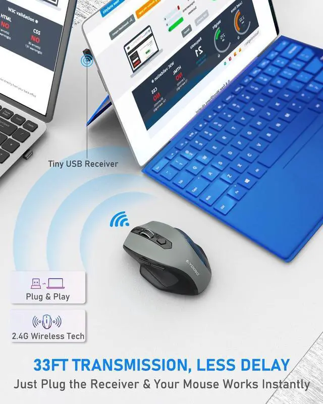 Alt view image 2 of 7 - Wireless Mouse 2.4G USB Computer Mouse with 5 Levels 4000 DPI 18 Months Battery Life Ergonomic Grips 6 Buttons Large Optical Mouse for Laptop Mac PC Chromebook Notebook (Gray)