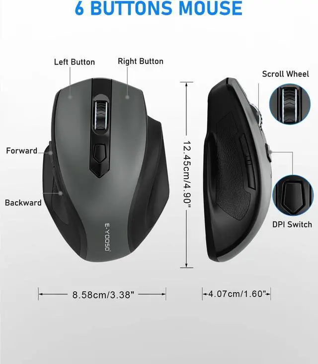 Alt view image 4 of 7 - Wireless Mouse 2.4G USB Computer Mouse with 5 Levels 4000 DPI 18 Months Battery Life Ergonomic Grips 6 Buttons Large Optical Mouse for Laptop Mac PC Chromebook Notebook (Gray)