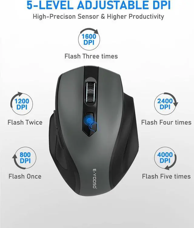 Alt view image 7 of 7 - Wireless Mouse 2.4G USB Computer Mouse with 5 Levels 4000 DPI 18 Months Battery Life Ergonomic Grips 6 Buttons Large Optical Mouse for Laptop Mac PC Chromebook Notebook (Gray)