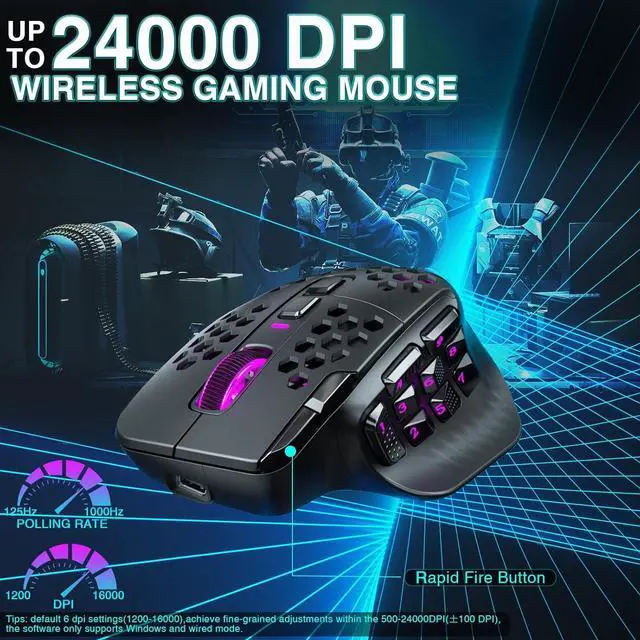 Alt view image 6 of 7 - SM809 Pro Wireless MMO Gaming Mouse with 9 Side Buttons,24000 DPI,Triple Connectivity (2.4G/BT5.0/Wired) RGB MMO Mouse for Gamer,16 Programmable Macros,Up to 350H Battery Life,Black
