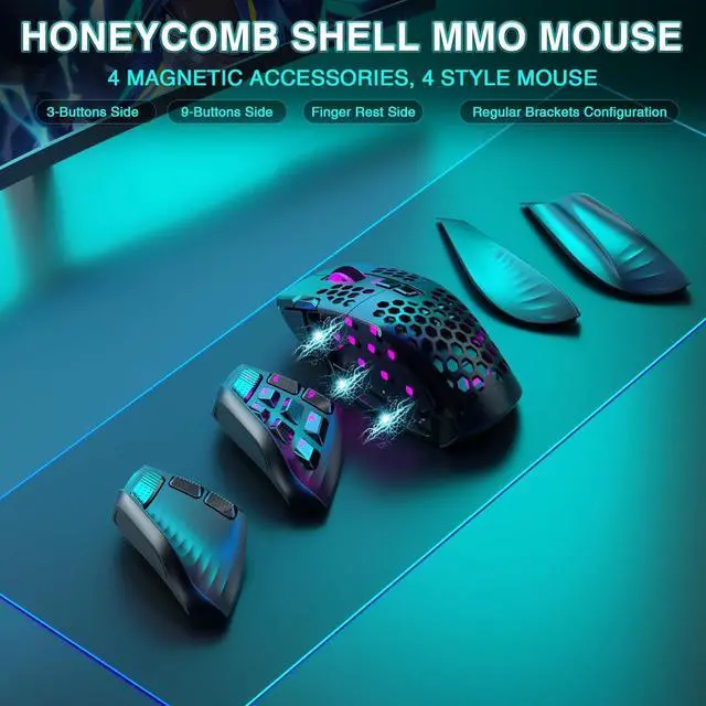 Alt view image 7 of 7 - SM809 Pro Wireless MMO Gaming Mouse with 9 Side Buttons,24000 DPI,Triple Connectivity (2.4G/BT5.0/Wired) RGB MMO Mouse for Gamer,16 Programmable Macros,Up to 350H Battery Life,Black