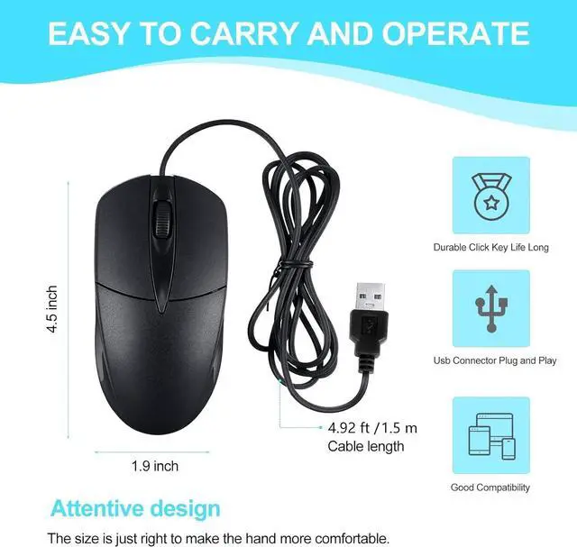 Alt view image 2 of 7 - 60 PCS Black Wired USB Computer Mouse Bulk - 1000 DPI 3 Button Corded With Home Office Noiseless Simple for Laptop Desktop PC (YX-Mouse60)