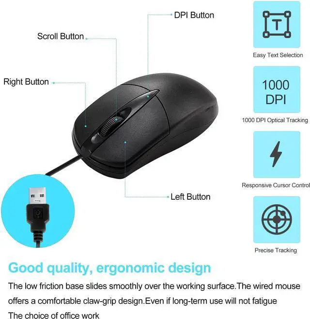 Alt view image 3 of 7 - 60 PCS Black Wired USB Computer Mouse Bulk - 1000 DPI 3 Button Corded With Home Office Noiseless Simple for Laptop Desktop PC (YX-Mouse60)