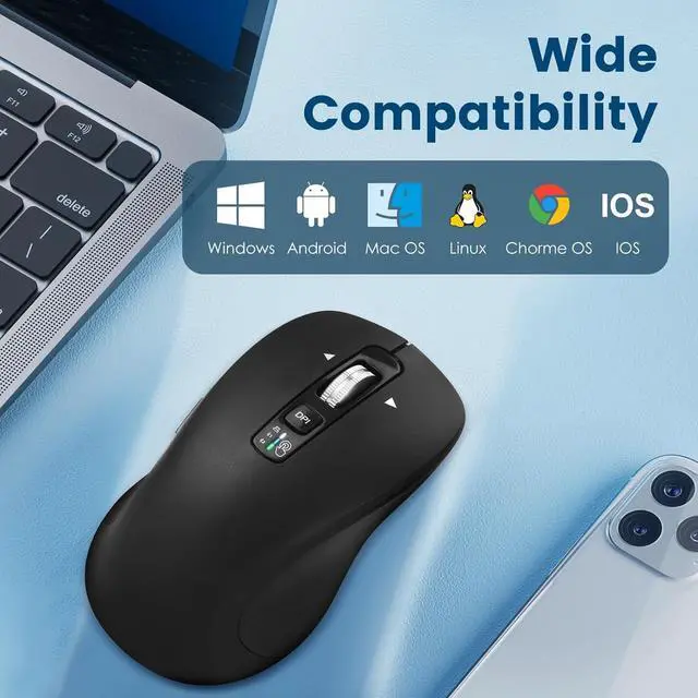 Alt view image 4 of 7 - Wireless Bluetooth Mouse (USB + BT1 + BT2) Full Size 4-Way Scrolling Multi-Device Silent Mouse for Computer Laptop iPad MacBook (Black)