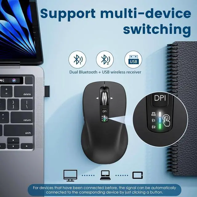Alt view image 5 of 7 - Wireless Bluetooth Mouse (USB + BT1 + BT2) Full Size 4-Way Scrolling Multi-Device Silent Mouse for Computer Laptop iPad MacBook (Black)