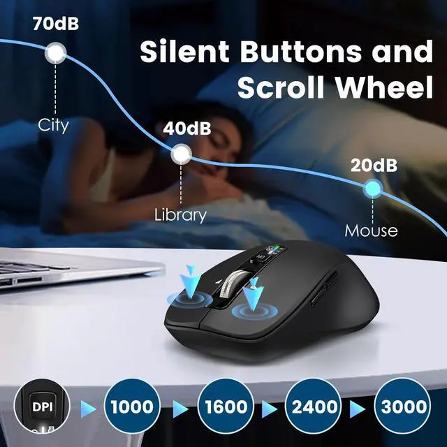 Alt view image 6 of 7 - Wireless Bluetooth Mouse (USB + BT1 + BT2) Full Size 4-Way Scrolling Multi-Device Silent Mouse for Computer Laptop iPad MacBook (Black)