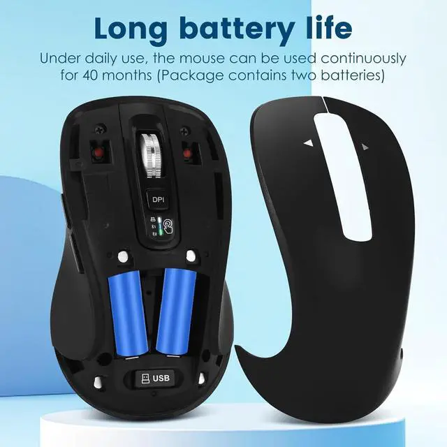 Alt view image 7 of 7 - Wireless Bluetooth Mouse (USB + BT1 + BT2) Full Size 4-Way Scrolling Multi-Device Silent Mouse for Computer Laptop iPad MacBook (Black)