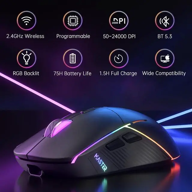 Alt view image 2 of 7 - Wireless Gaming Mouse 24000 DPI Tri-Mode 2.4G/USB-C/Bluetooth 5.3 Gaming Mouse Wireless RGB Programmable Mouse Gamer 75Hrs Battery Life Rechargeable Gaming Mice for PC Mac PS5 Xbox - Black