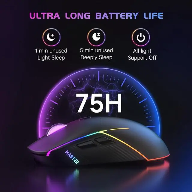 Alt view image 5 of 7 - Wireless Gaming Mouse 24000 DPI Tri-Mode 2.4G/USB-C/Bluetooth 5.3 Gaming Mouse Wireless RGB Programmable Mouse Gamer 75Hrs Battery Life Rechargeable Gaming Mice for PC Mac PS5 Xbox - Black