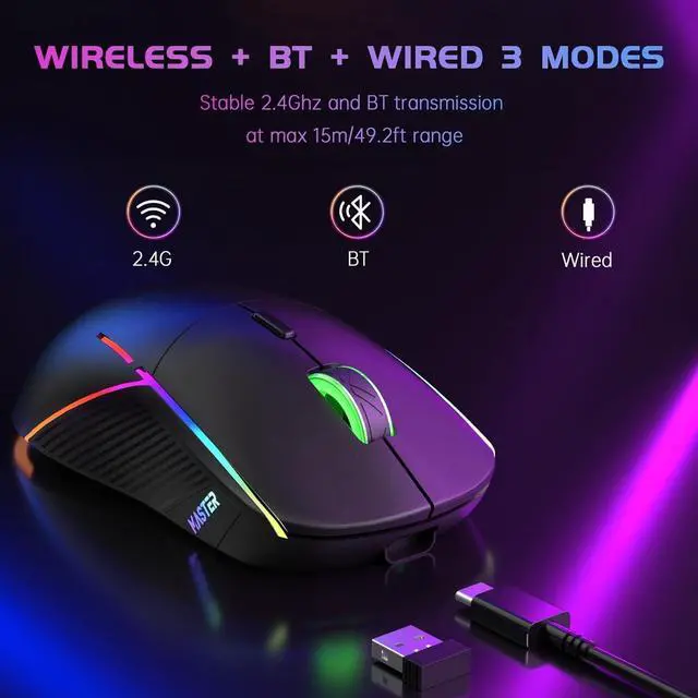 Alt view image 7 of 7 - Wireless Gaming Mouse 24000 DPI Tri-Mode 2.4G/USB-C/Bluetooth 5.3 Gaming Mouse Wireless RGB Programmable Mouse Gamer 75Hrs Battery Life Rechargeable Gaming Mice for PC Mac PS5 Xbox - Black