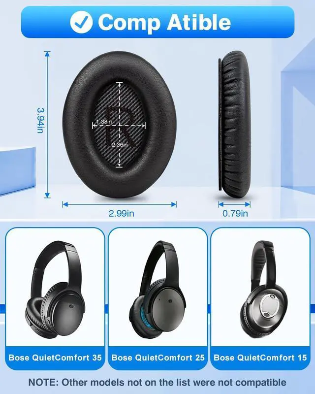 Alt view image 2 of 7 - Ear Pads for  Quiet Comfort 35 Soft Protein Leather Replacement Earpads Ear Cushions Ear Pad for  QC 35/25 / 15 QC2 / Ae2 / Ae2i / Ae2W / Sound Link/Sound True (Black)