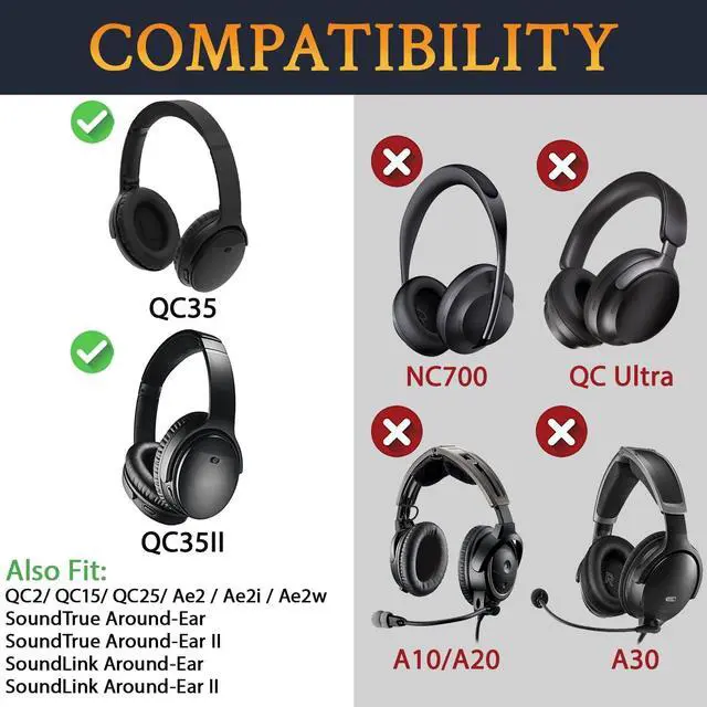 Alt view image 2 of 7 - Replacement Earpads Cushions for  QuietComfort 35 (QC35) & Quiet Comfort 35 II (QC35 ii) Headphones Ear Pads with Softer Leather Noise Isolation Foam Added Thickness (Black)