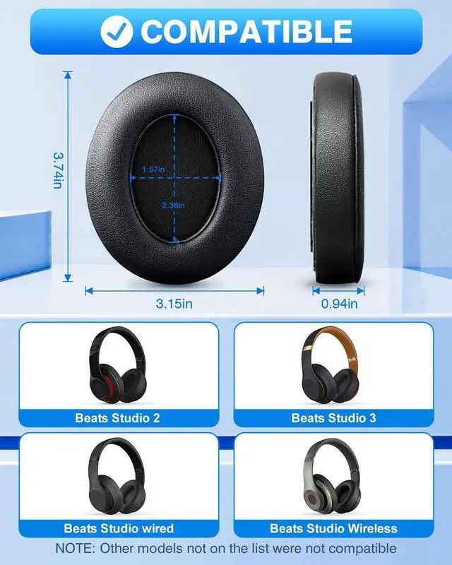 Alt view image 2 of 6 - Beats Studio Replacement Earpads for Beats Studio 3 & 2 (B0500/ B0501) 2 Pieces Noise Isolation Comfortable Memory Foam Ear Cushions (Black)