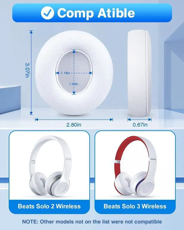 Alt view image 2 of 6 - Replacement Ear Pads for Beats Solo 2 & 3 - Memory Foam Earpads Cushion Cover for Wireless Headphones (White)